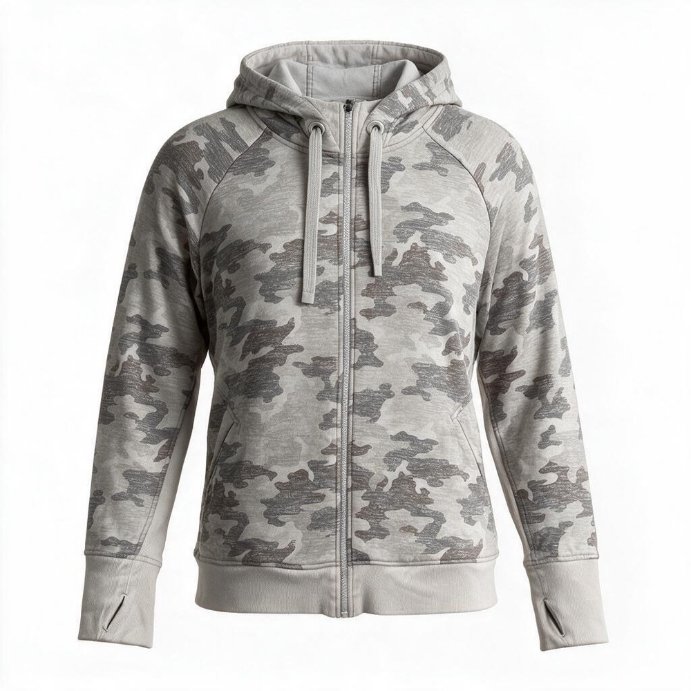 Athleta Triumph Hoodie Women 2X Gray Camo Full Zip Fleece Thumbhole Plus Sz 3043